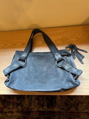 Gorgeous Metallic Gray Suede Shoulder Bag with Decorative Stud Accents